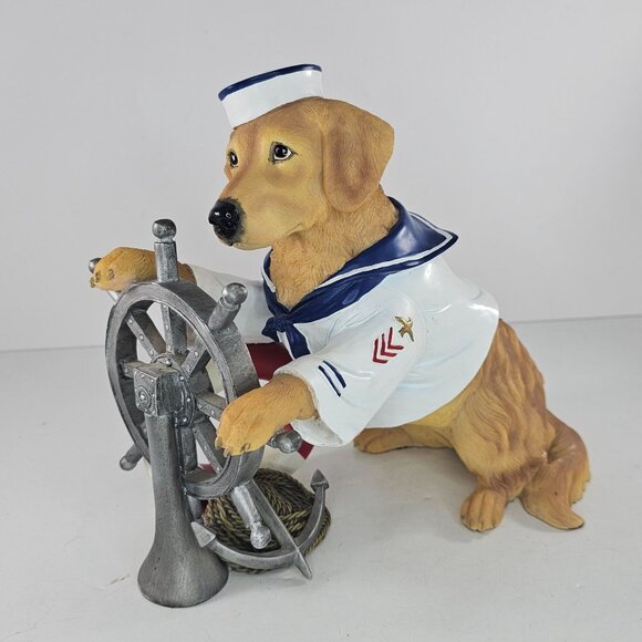 Golden Retriever Nautical Figurine In Sailor Outfit Ship Wheel By Punch Studio - Picture 8 of 8